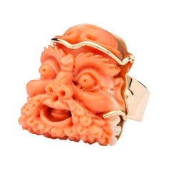 Asian Carved Face Coral Ring