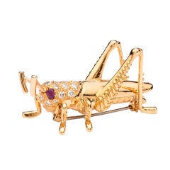 Vintage Dankner Ruby Diamond Gold Grasshopper Brooch