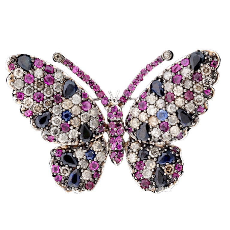 Sapphire, Ruby & Diamond Butterfly Brooch