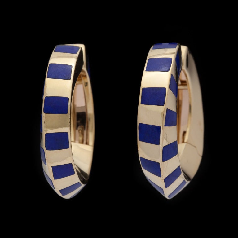 Vintage Tiffany & Co. 18Kt Yellow Gold Hoop Earrings with Blue Enamel inlay that measure 7mm thick & 31mm in diameter, and weigh 23.7 grams.