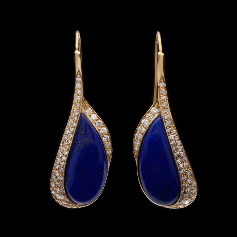 Estate 18Kt Yellow Gold Lapis & Diamond Earrings feature 96 Round Cut Diamonds for approximately 1.50cts.  Earrings measure 16mm x 50mm and weigh 18.9 grams.