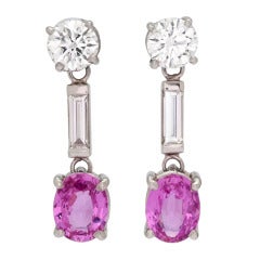 Pink Sapphire Diamond Platinum Dangle Earrings 4