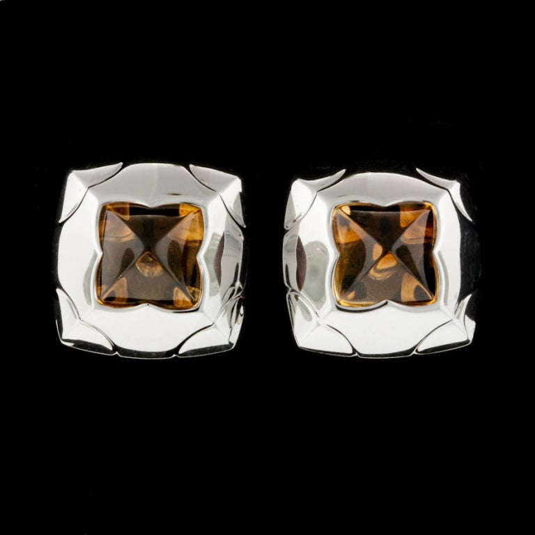 Bulgari Quatrefoil Shaped Citrine Earclips, set in 18Kt White Gold.  Earrings measure 25mm square, weigh 31.3 grams, and are hallmarked 