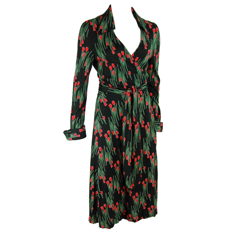 【DIANE VON FURSTENBERG】Tulip long dress 1970s Diane von Furstenberg Tulip Print Wrap Dress
