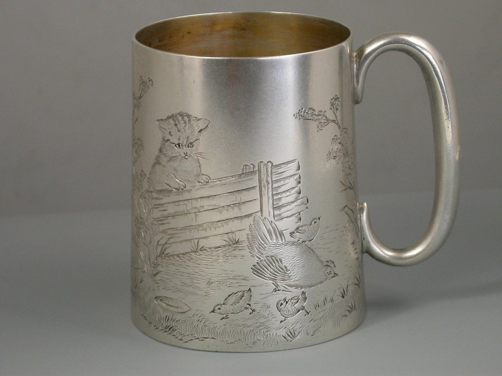 Victorian Antique Silver Christening Mug Engraved with Kittens