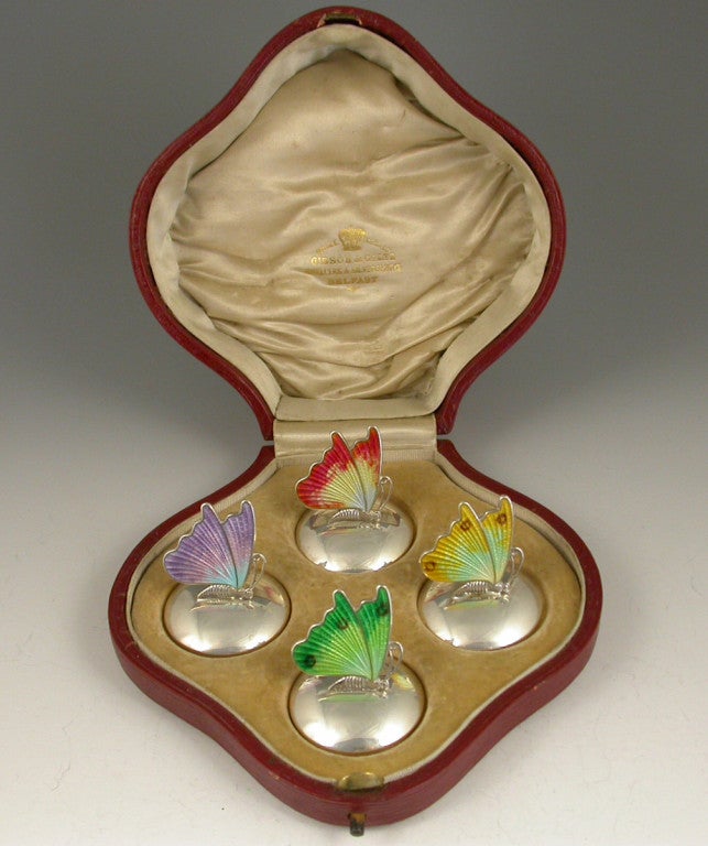 Cased Set 4 George V Silver & Enamel Butterfly Menu Holders
