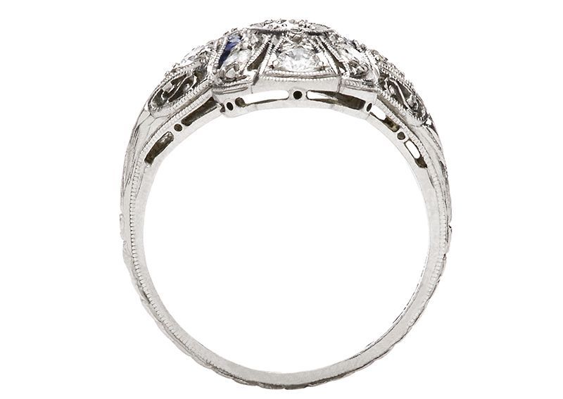 Diamond & Sapphire Platinum Edwardian Engagement Ring In Excellent Condition In Los Angeles, CA