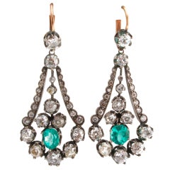 Antique Spectacular Georgian Emerald Diamond Silver Gold Chandelier Earrings