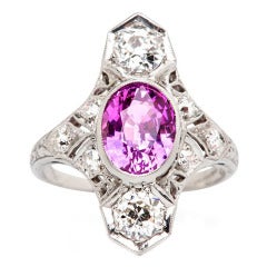 Antique Pink Sapphire Diamond Platinum Edwardian Engagement Ring