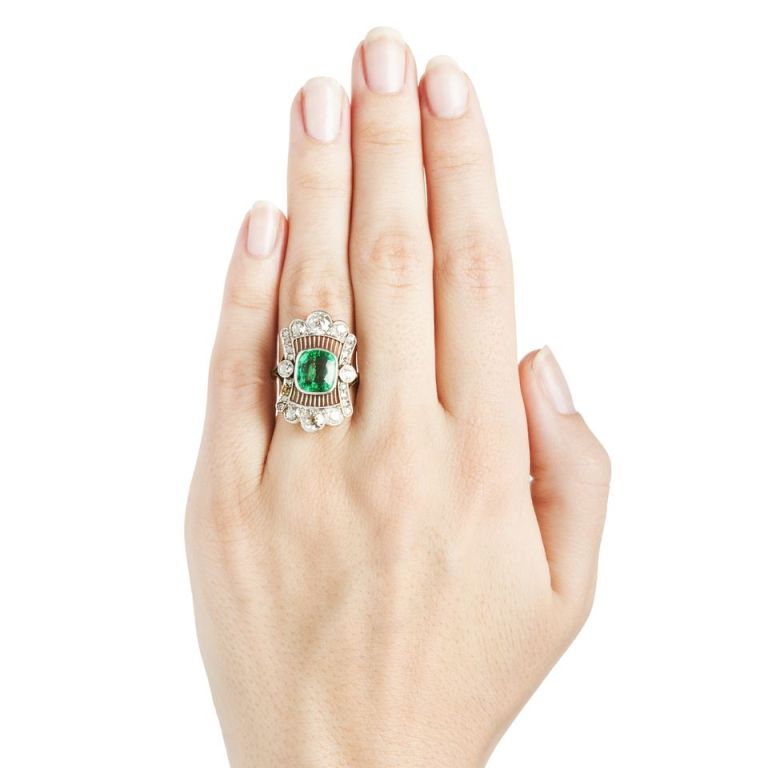 Stunning Edwardian Emerald Diamond Engagement Ring In Excellent Condition For Sale In Los Angeles, CA