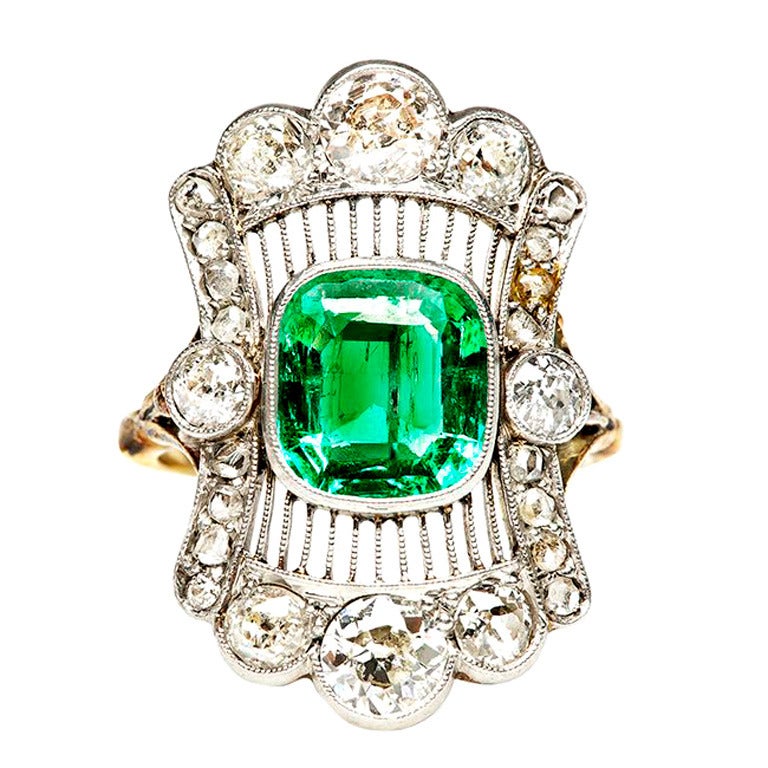 Stunning Edwardian Emerald Diamond Engagement Ring For Sale