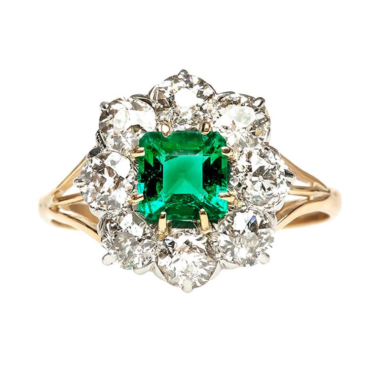 Emerald Diamond Victorian Engagement Ring For Sale