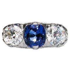 Classic Edwardian Three Stone Unheated Sapphire Diamond Ring
