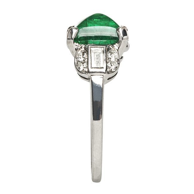 Stunning Sugarloaf Cabochon Emerald Platinum Art Deco Engagement Ring 1