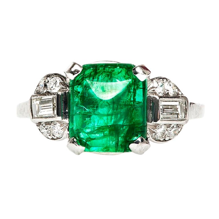 Stunning Sugarloaf Cabochon Emerald Platinum Art Deco Engagement Ring
