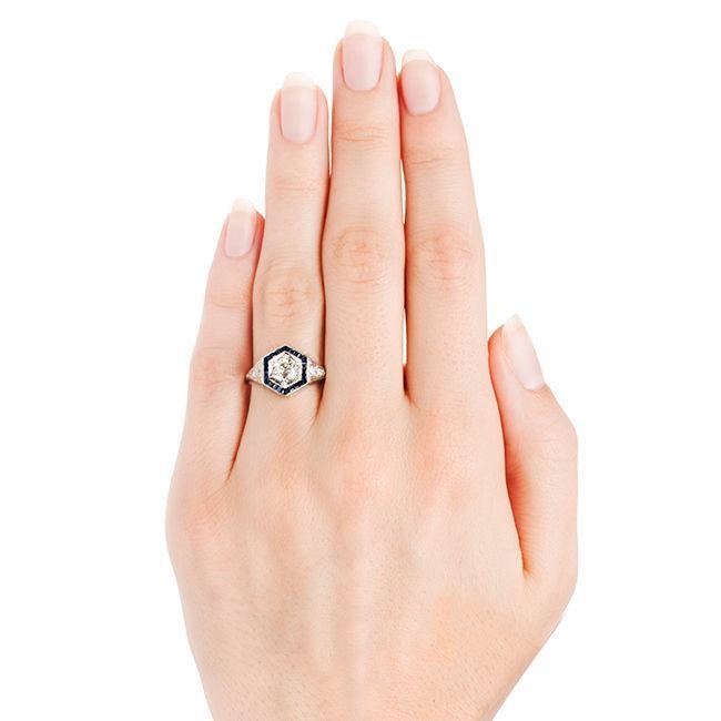 Diamond Sapphire Platinum Art Deco Engagement Ring In Excellent Condition In Los Angeles, CA