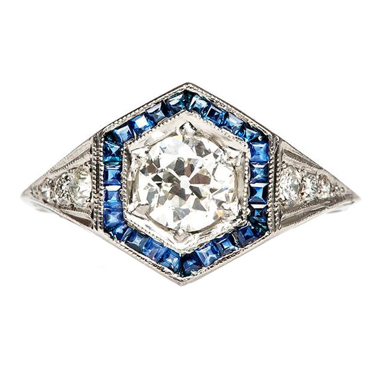 Diamond Sapphire Platinum Art Deco Engagement Ring