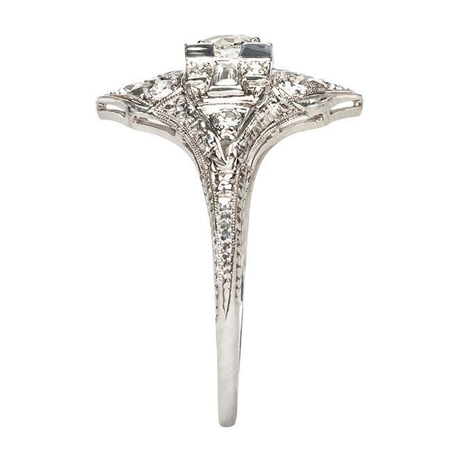 Women's Diamond Platinum Art Deco Navette Style Engagement Ring For Sale