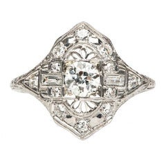 Diamond Platinum Art Deco Navette Style Engagement Ring