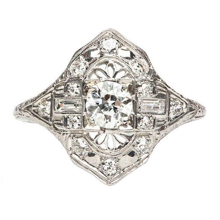 Diamond Platinum Art Deco Navette Style Engagement Ring For Sale