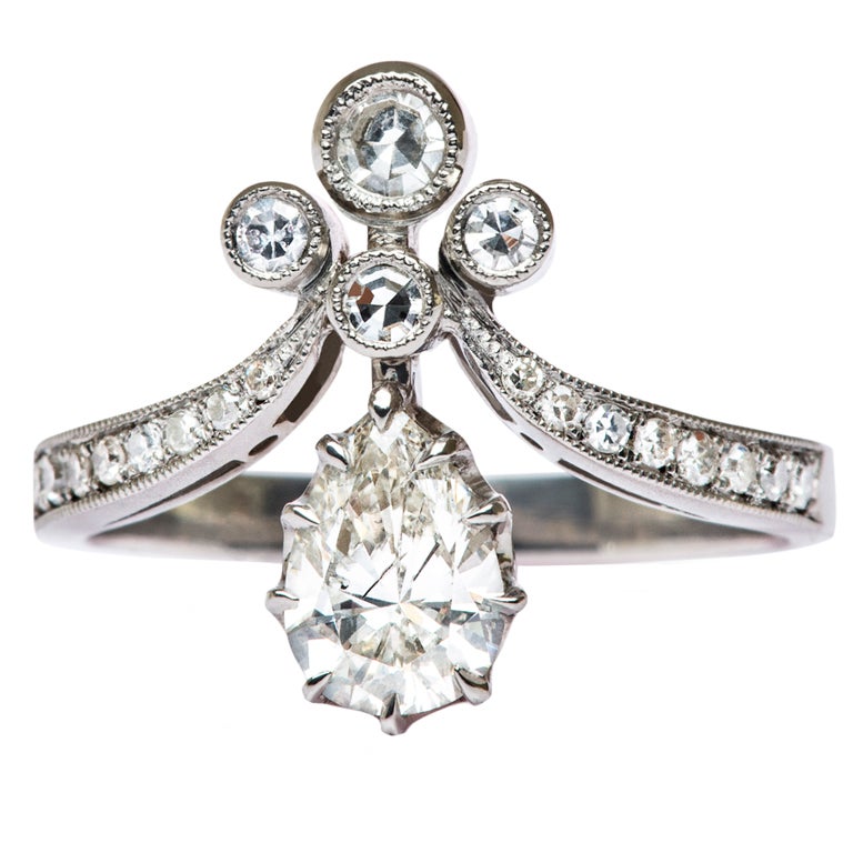Platinum Tiara Engagement Ring set with a .70 carat Diamond For Sale