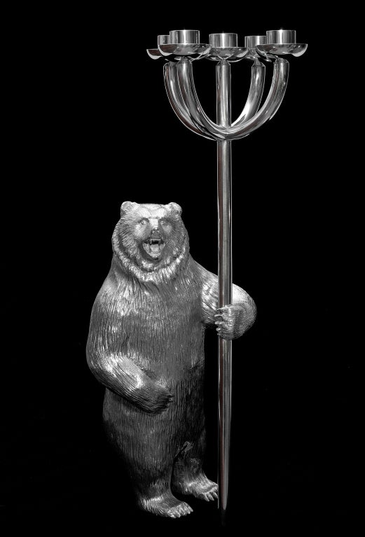 Contemporary Pair of Silver Bear Candelabra For Sale