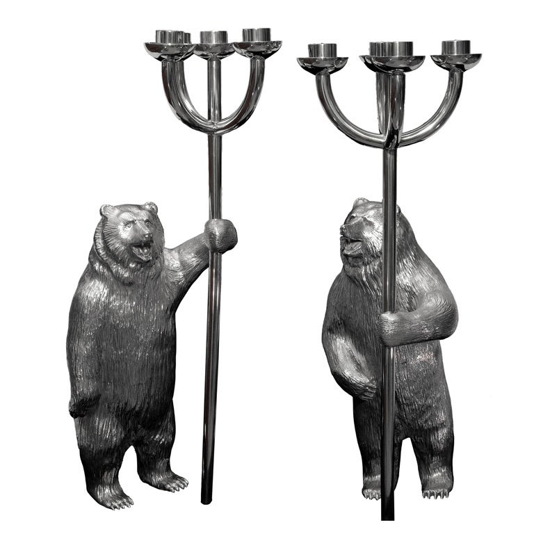 Pair of Silver Bear Candelabra For Sale