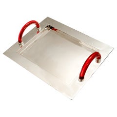 Silver Tray with Red Glass Handles