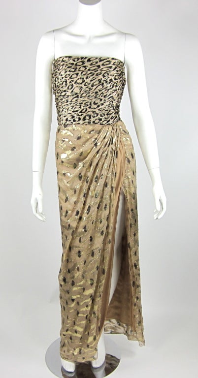 Bare and elegant.  1970's Bill Blass animal print silk metalic gown.   
Knotted sarong back emphasizes your waist and deep slit in front gives you plenty of room to prowl.