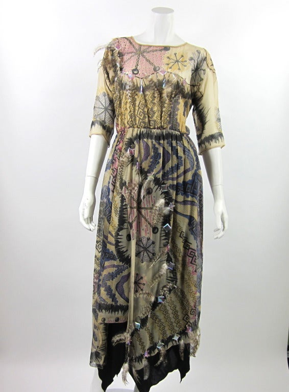 Zandra Rhodes silk printed chiffon dress with feathers