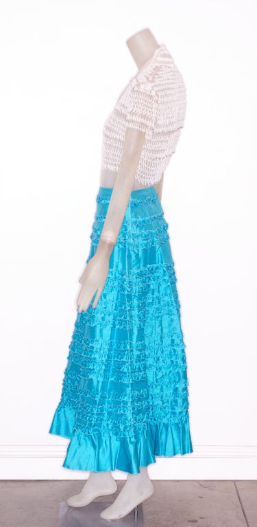 Valentino Turquoise Silk Skirt and Tulle Beaded Top For Sale 2