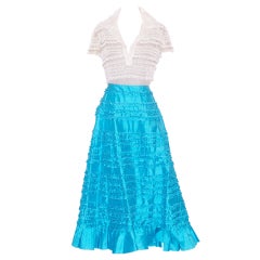 Vintage Valentino Turquoise Silk Skirt and Tulle Beaded Top
