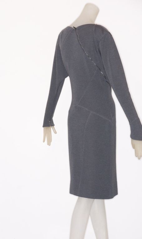 Inspired by a jacket his client Arletty, the French actress and singer, wore in the classic film 'Hotel du Nord', Alaia created this spiral zipper dress in 1981.  A similar piece is currently on display at the Musée Galliera in Paris in the exhibit