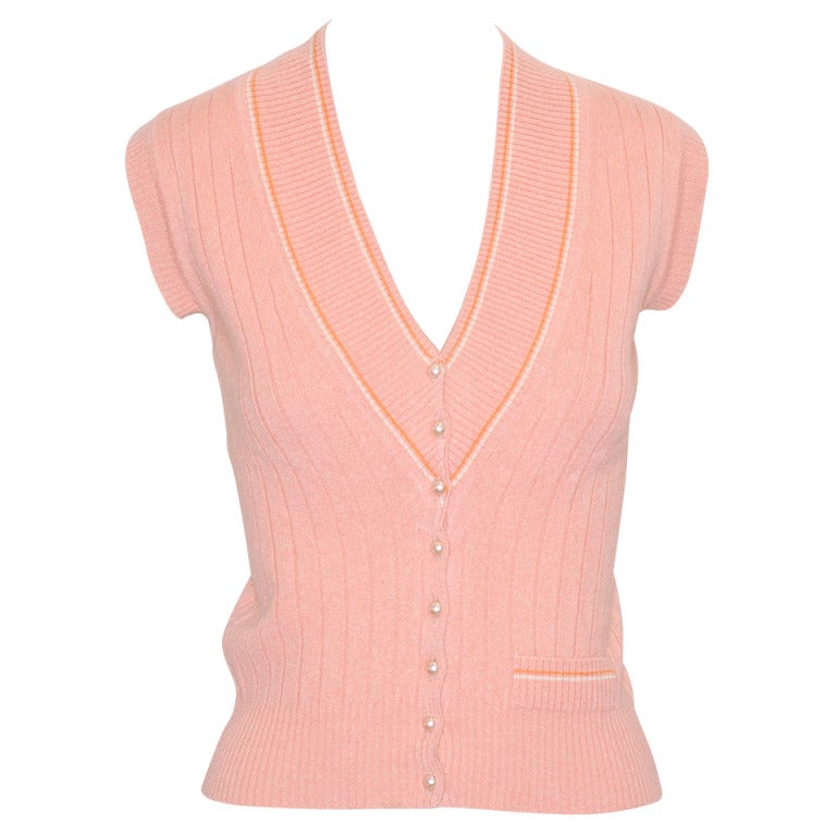 Chanel Sorbet Color Cashmere Tennis Sweater Vest with Pearl Buttons