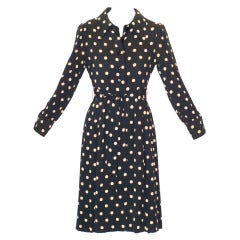 Vintage 1970s Galanos Black and Cream Polka Dotted Dress