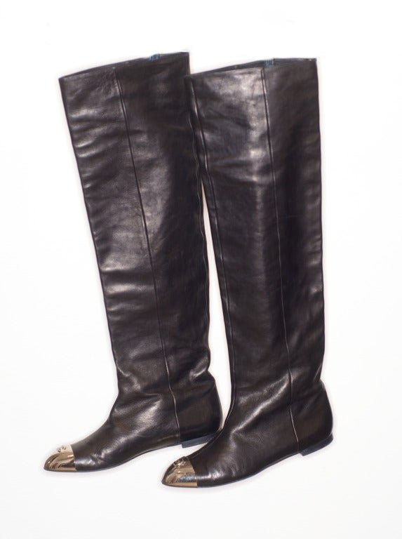 A perfect pair of soft leather over-the-knee boots by Karl Lagerfeld for Chanel.  Boots have a metal toe with embossed CC.  Size 41.