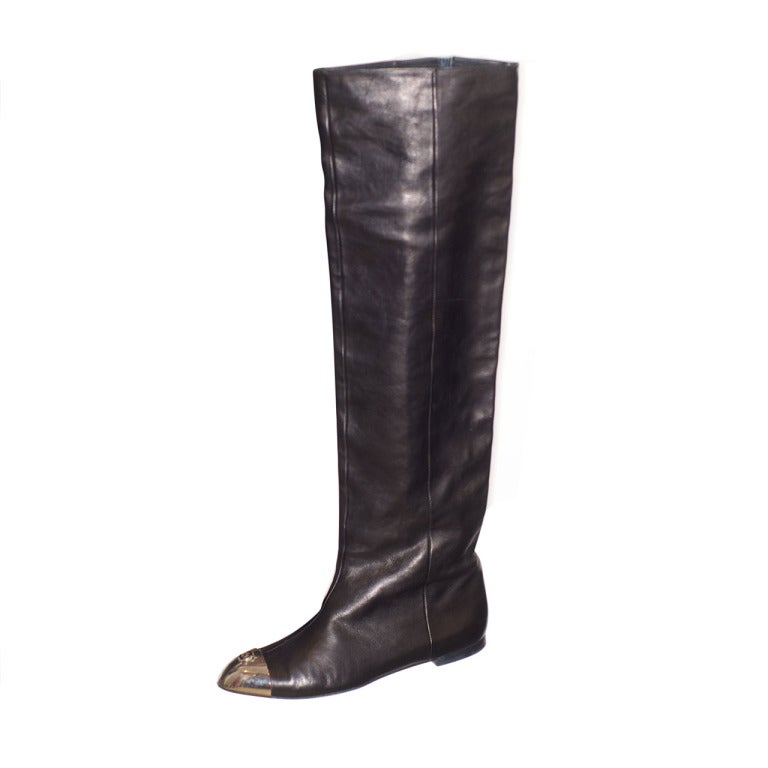 Karl Lagerfeld for Chanel Over-the-Knee Leather Boots with Metal CC  Toe For Sale