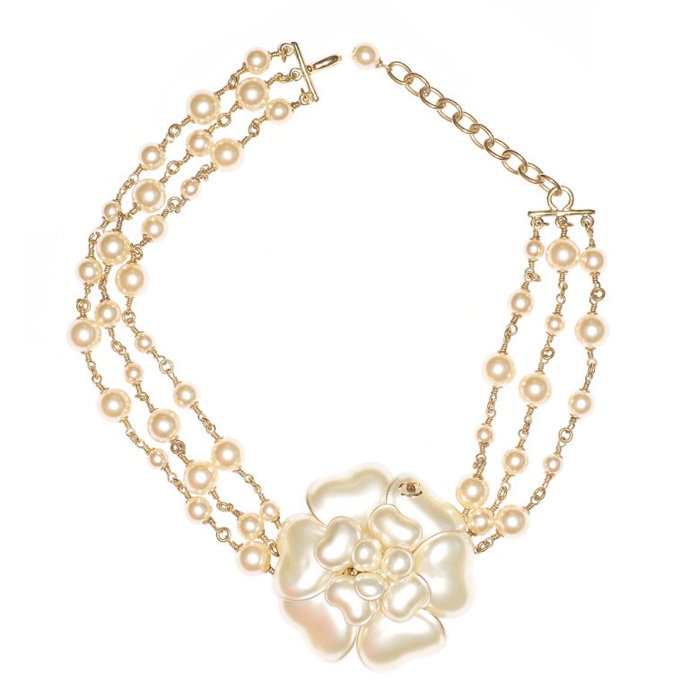 Chanel Pearl and Camellia Necklace at 1stDibs | camellia chanel necklace