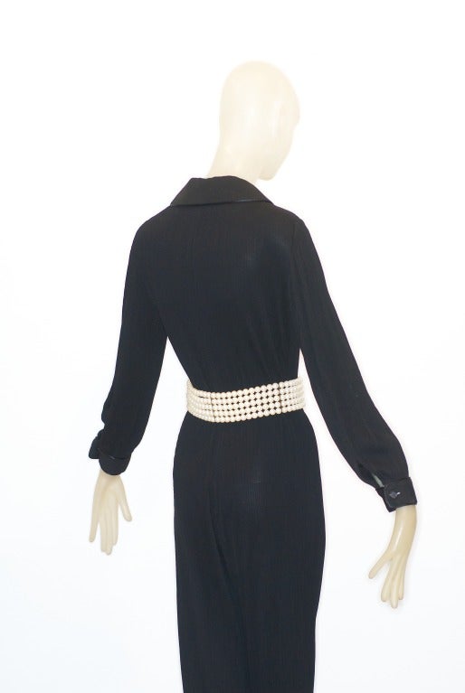 Women's 1970s Galanos Pleated Jumpsuit with Multi Strand Pearl Belt For Sale