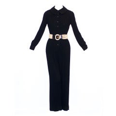 1970s Galanos Pleated Jumpsuit with Multi Strand Pearl Belt
