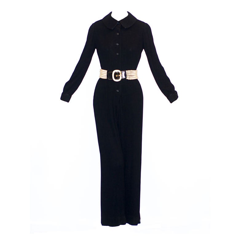 1970s Galanos Pleated Jumpsuit with Multi Strand Pearl Belt For Sale