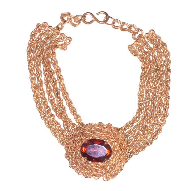 Yves Saint Laurent Chain Necklace with Large Deep Amber Colored Stone For Sale