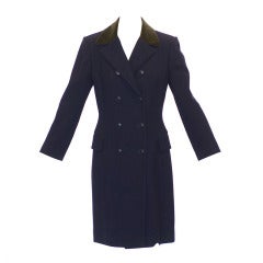 Fitted Hermes Equestrian Style Coat with Loden Green Velvet Collar