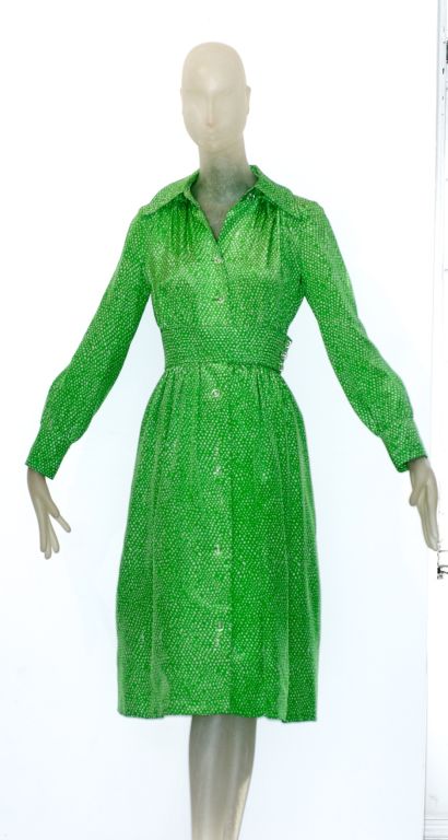 1970s Lime Colored Silk Galanos Dress For Sale 1
