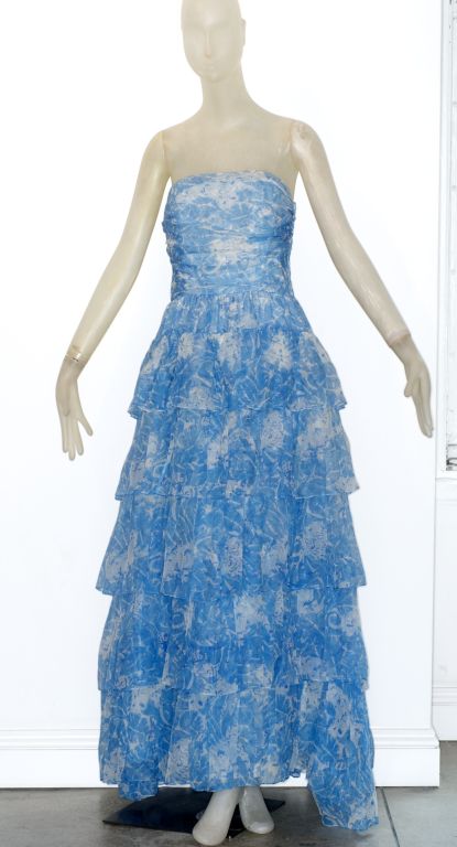 1970s Guy LaRoche Cornflower Blue Silk Organza Gown For Sale 1