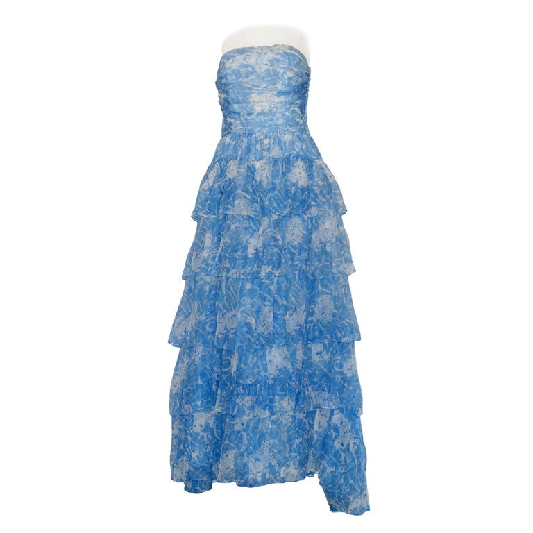 1970s Guy LaRoche Cornflower Blue Silk Organza Gown For Sale
