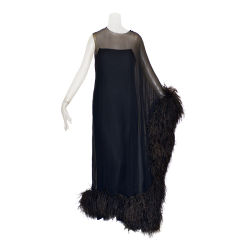 1960s Gattinoni Black Chiffon and Feather Gown