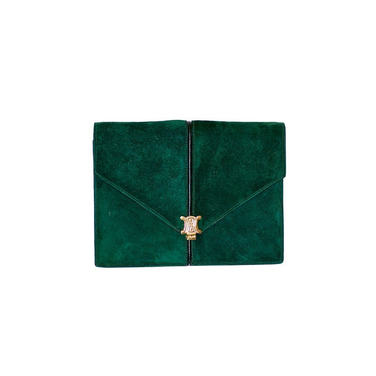 1970s Green Suede Celine Clutch with Celine Logo