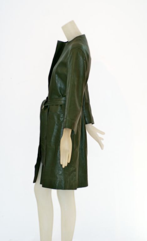 1970s Halston Green Leather Wrap Coat