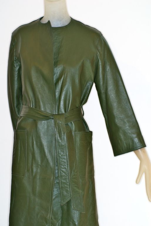 Women's 1970s Halston Green Leather Wrap Coat For Sale